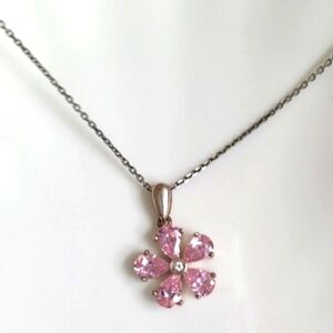 Dainty Sterling Silver Pink Crystal Flower Pendant Necklace 18 inch Chain